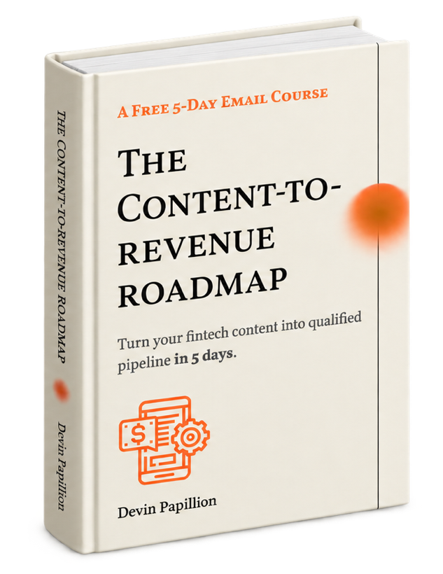 Book mockup of The Content-to-Revenue Roadmap, a free 5-day email course by Devin Papillion